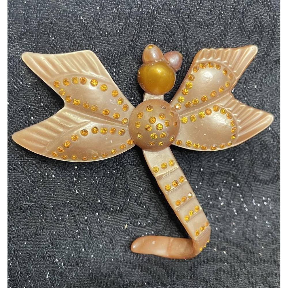 Dragonfly Spun Nylon moonglow Rare 1930's-40's Vtg. Pin Brooch 3" Orange Amber